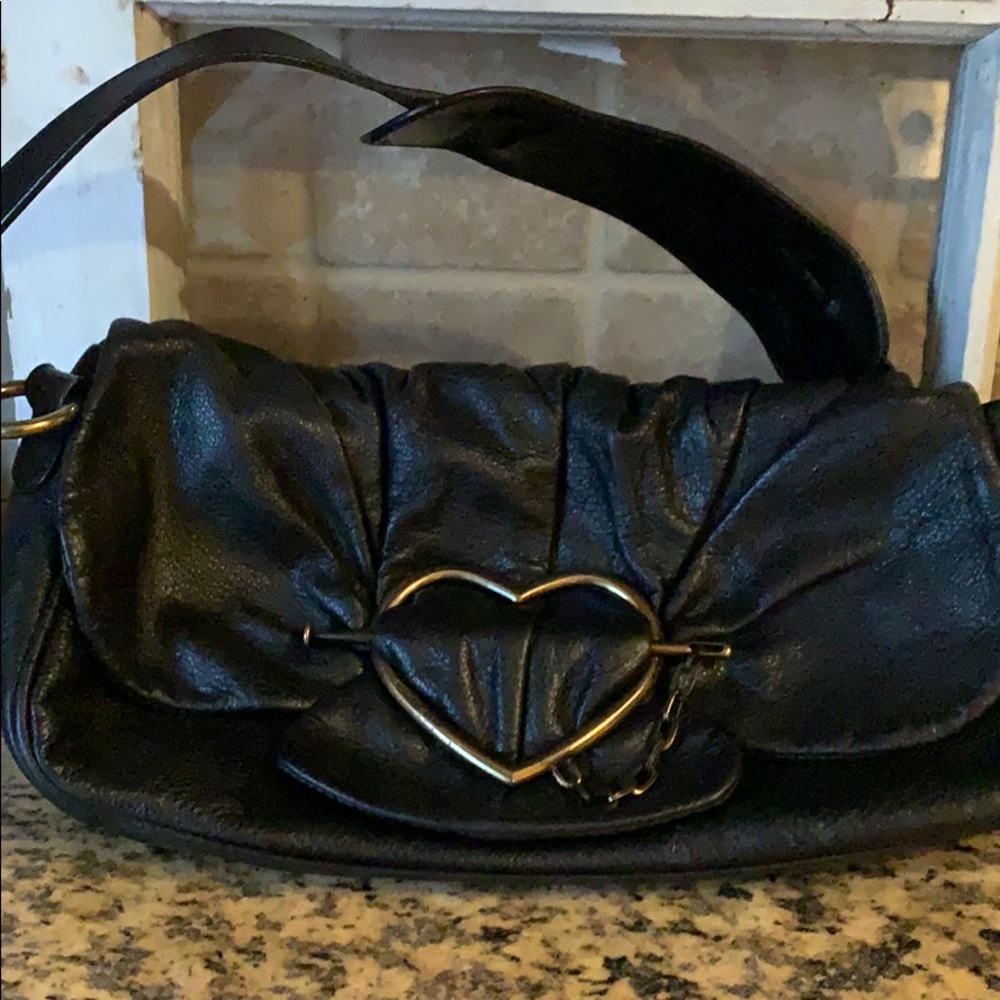 Moschino black leather gold detail heart bag